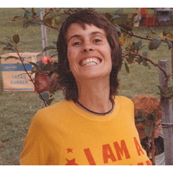 Lyn Cooper wearing an ‘I am a lesbian’ t-shirt, International Women’s Day, Adelaide, 1974, Jill Matthews Collection (Photo: unidentified photographer)